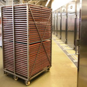 carrello con salmone per camera di affumicatura